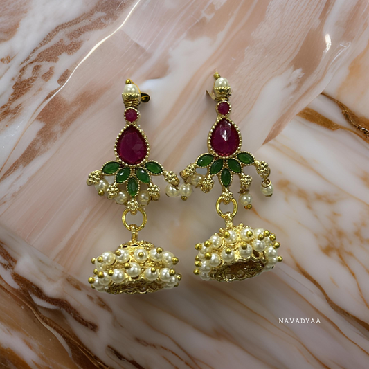 Traditional Green, Pink & White Moti Jhumka, E0027