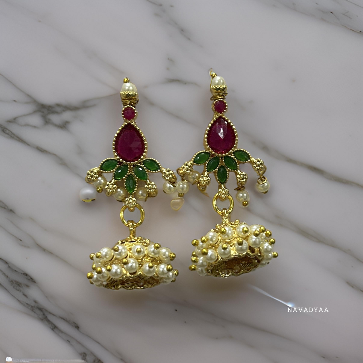 Traditional Green, Pink & White Moti Jhumka, E0027