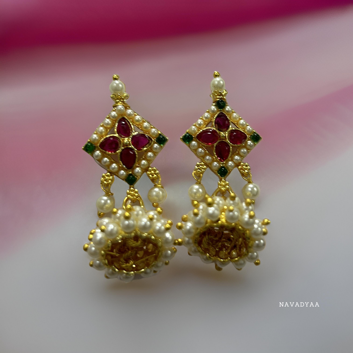 Traditional Diamond Pink, White & Green Moti Jhumka, E0028