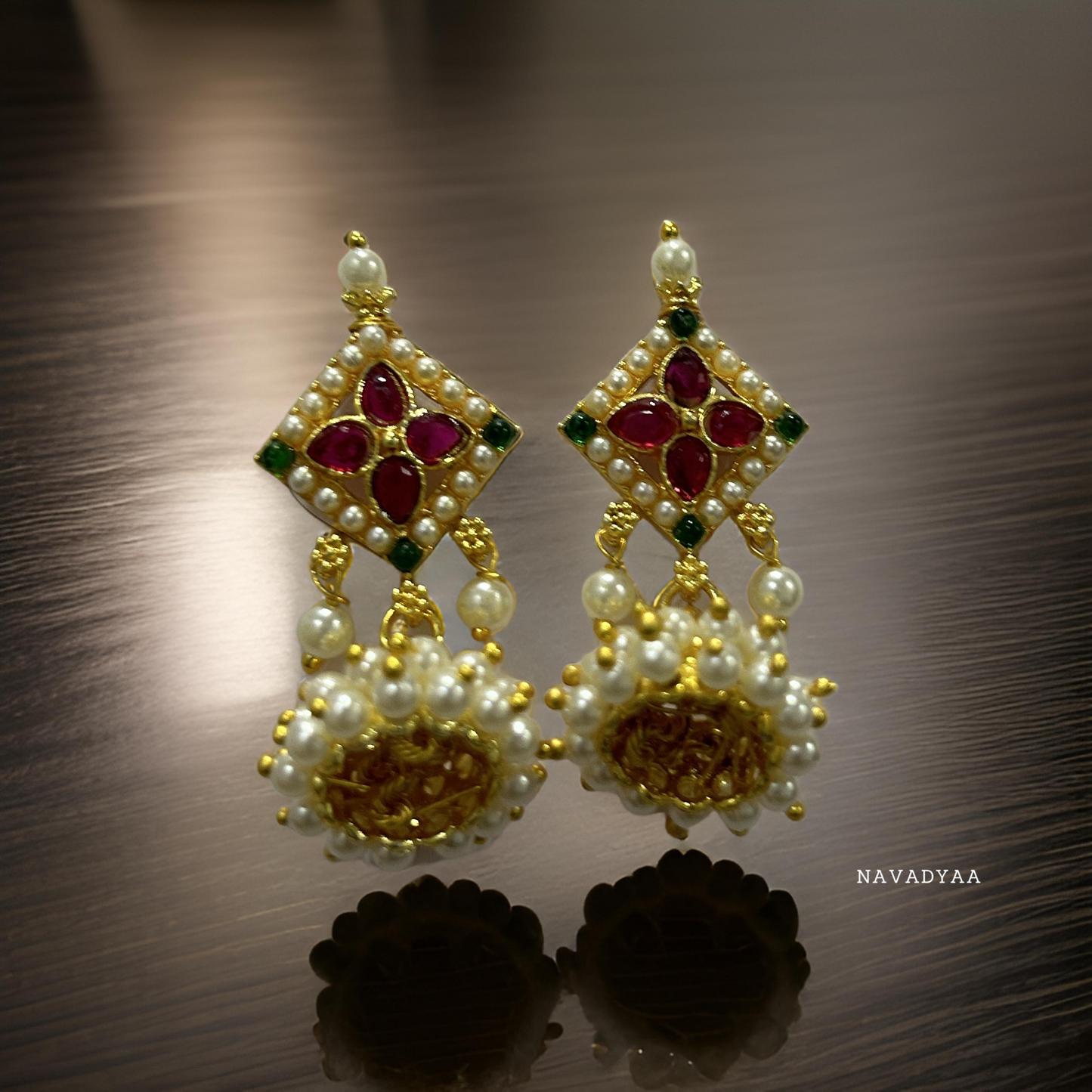 Traditional Diamond Pink, White & Green Moti Jhumka, E0028