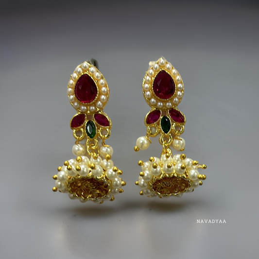 Traditional Petal, Pink, White& Green Moti Jhumka, E0029