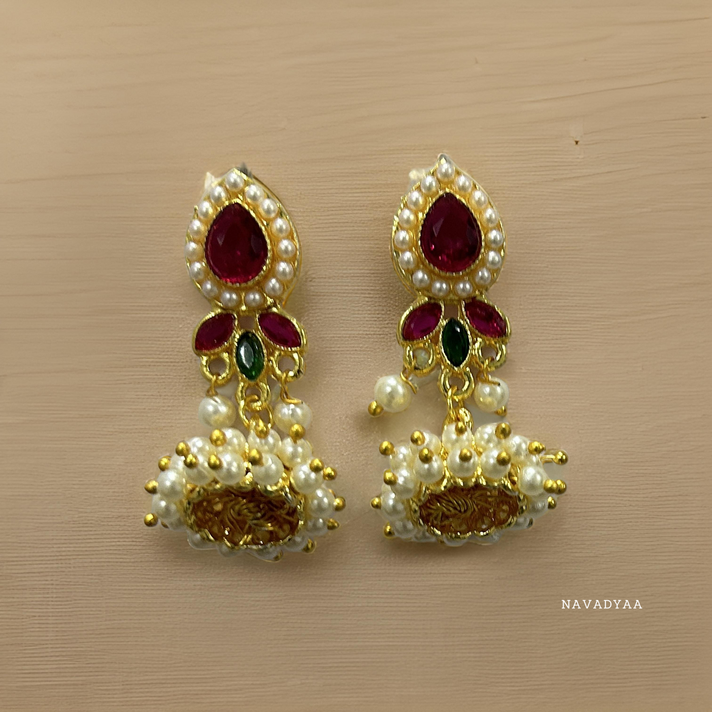 Traditional Petal, Pink, White& Green Moti Jhumka, E0029