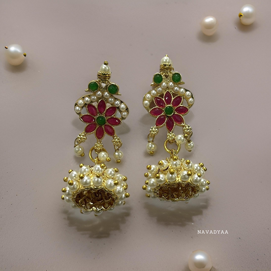 Pink, White & Green Moti Jhumka,  E0031