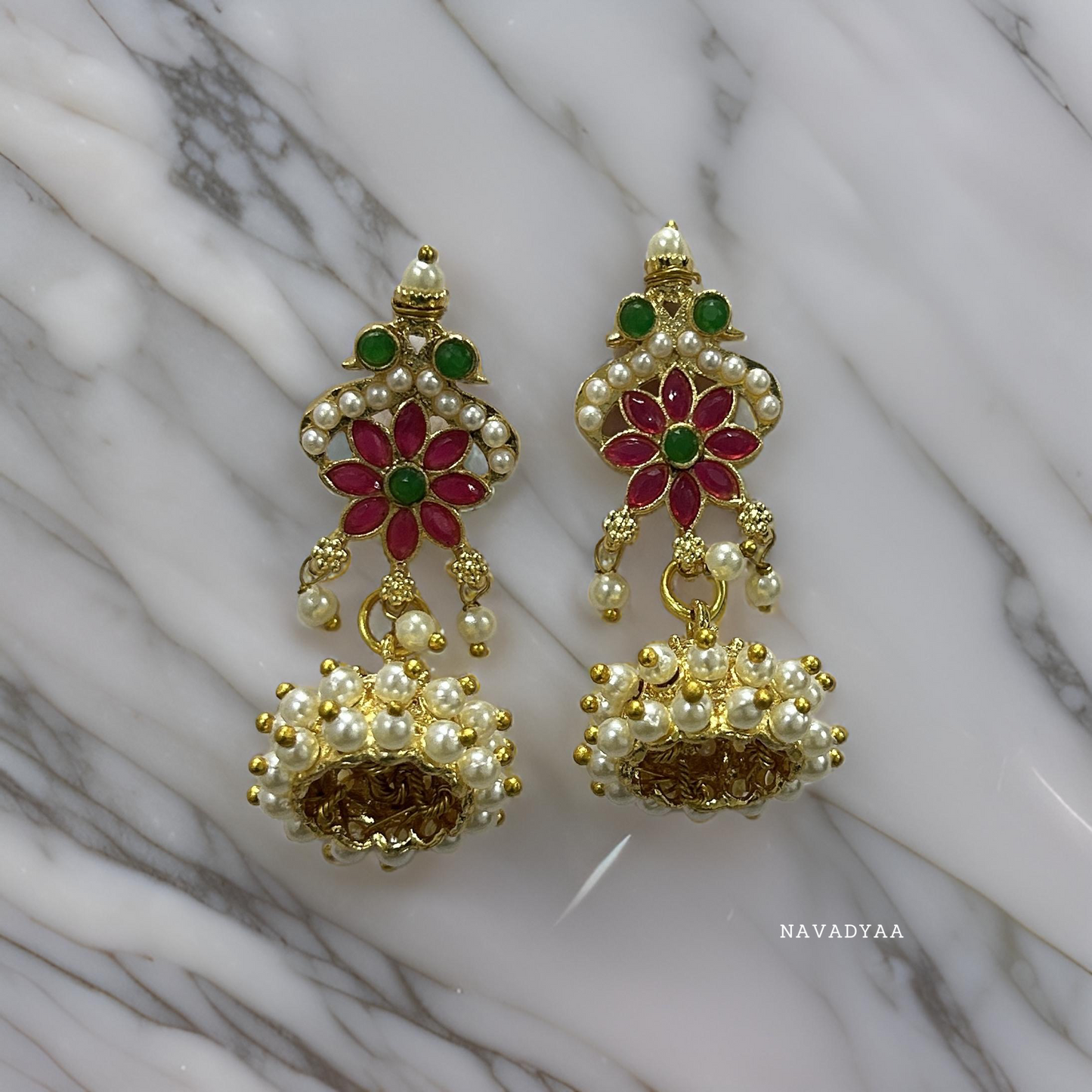 Pink, White & Green Moti Jhumka,  E0031