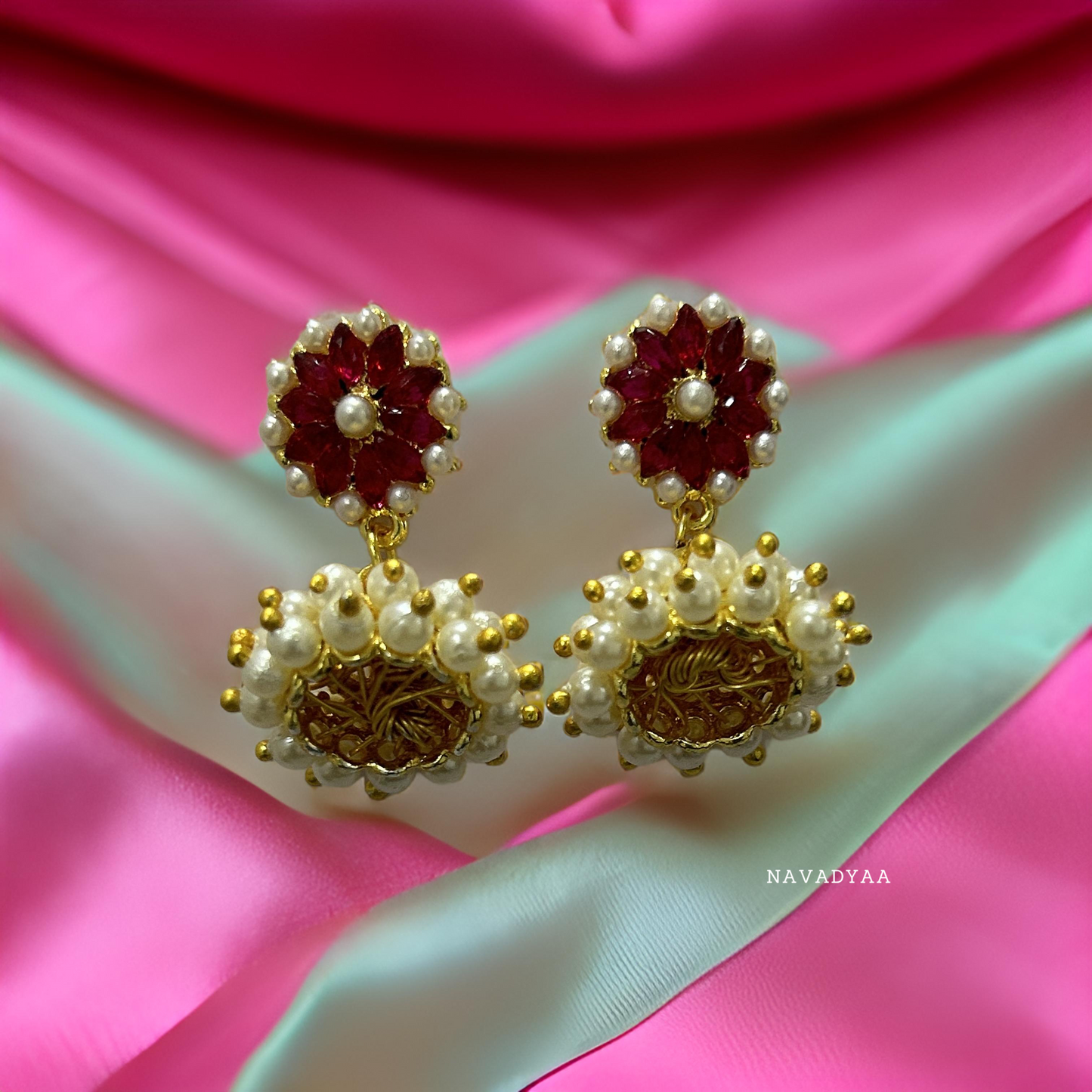 Flower, Pink & White, Moti Jhumka  E0033