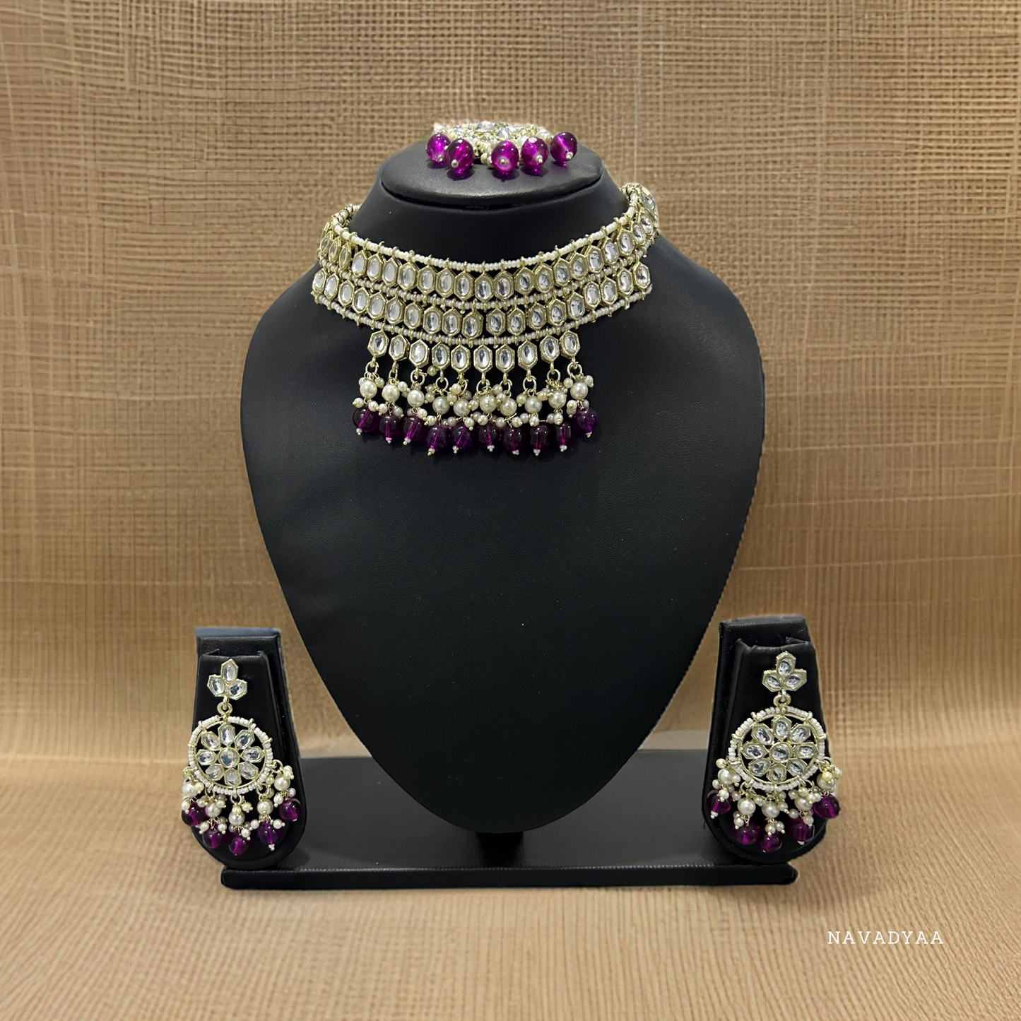 Traditional,Kundan Strip Necklace Set, Rani Pink N006