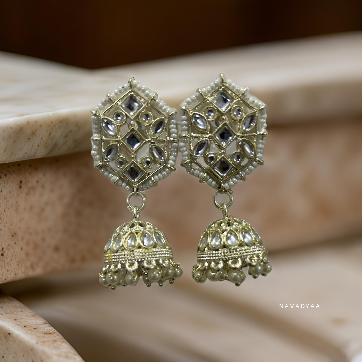 White Stone & Moti Jhumka E007